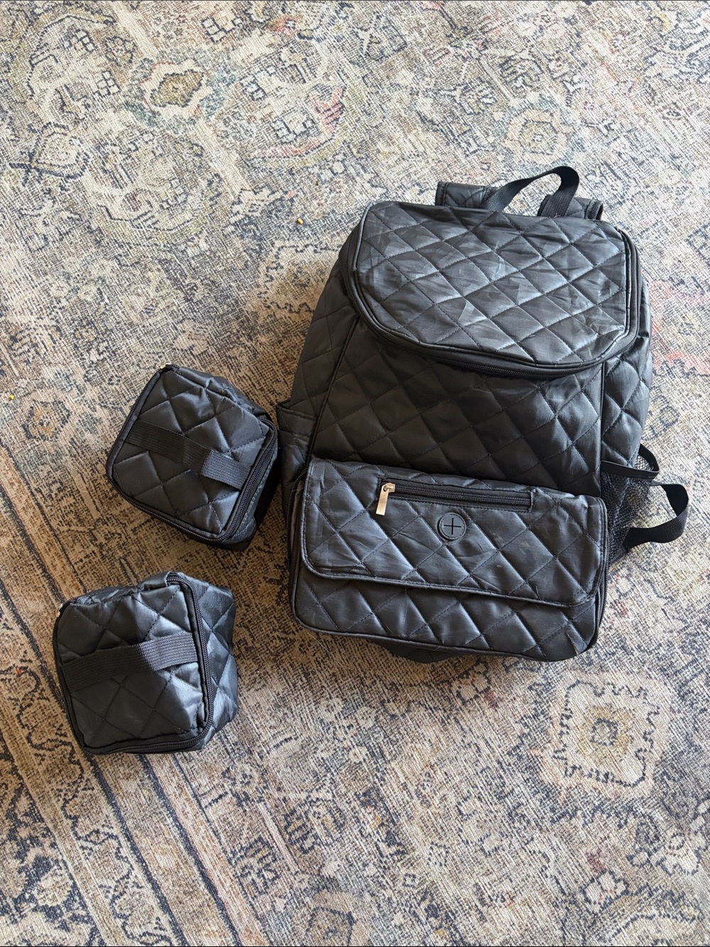 Quilted Black dog travel Backpack Set with Matching food Pouches